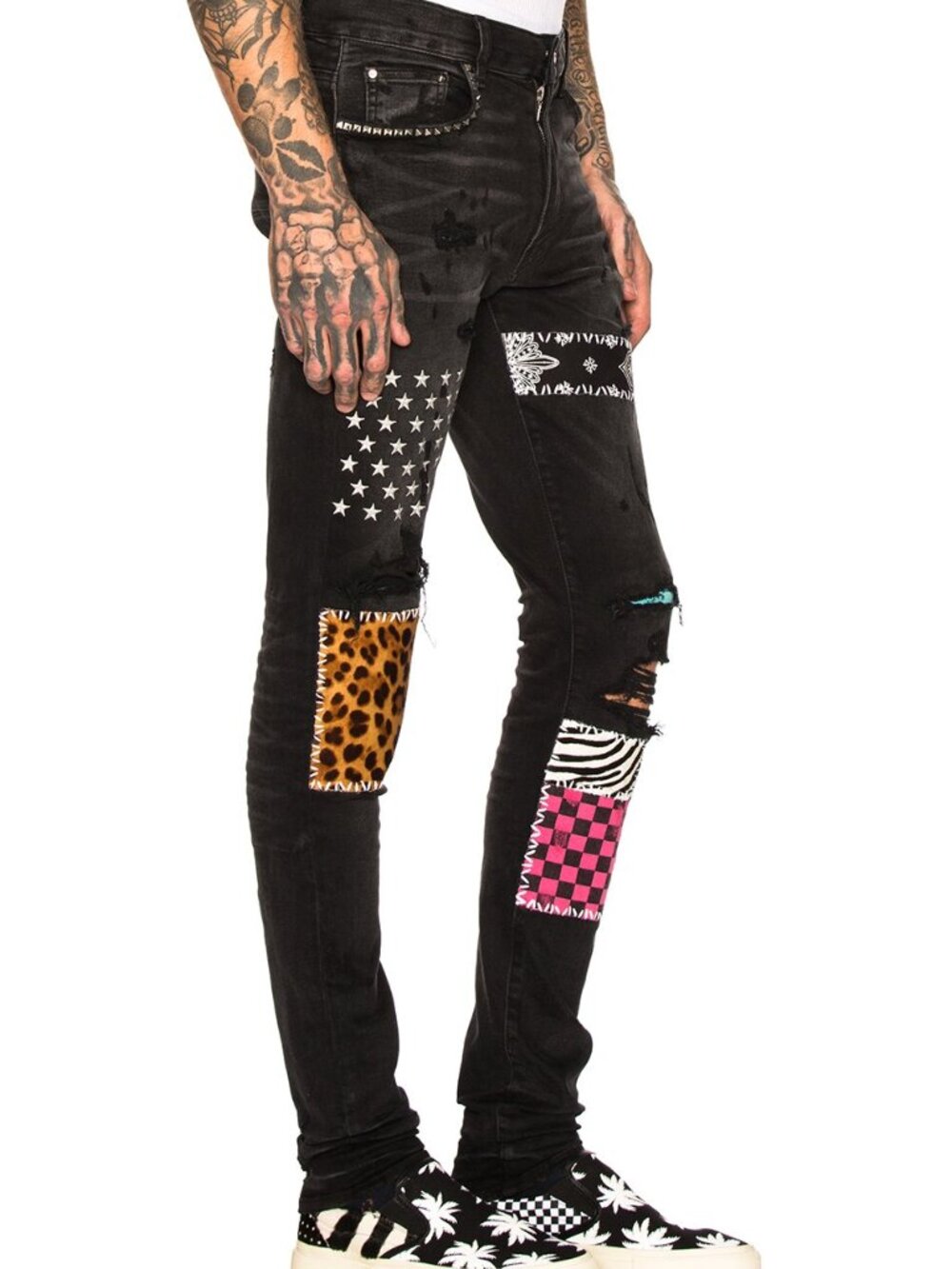 AMIRI Mens Black Distressed Patch Studded Slim Fit Jeans Made in USA 36 x 32